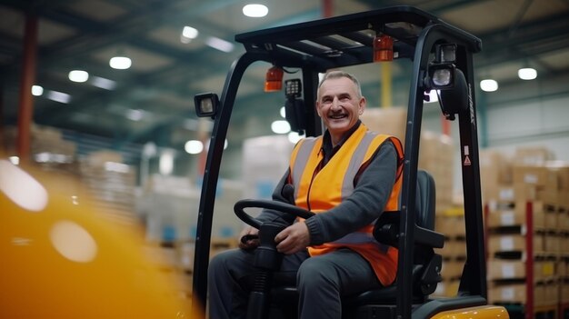 Photo warehouse worker operating forklift preparing products for delivery and checking stock in warehouse