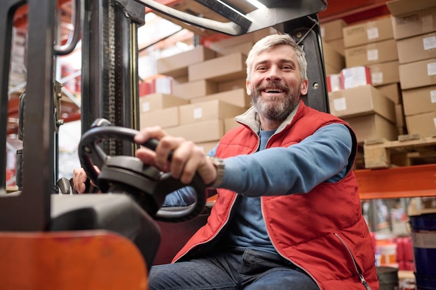 Warehouse worker operating a forklift