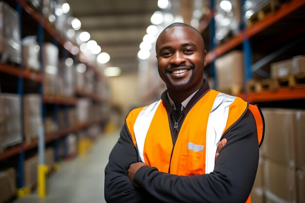 A warehouse worker posing at work with a cheerful smile Generative Ai