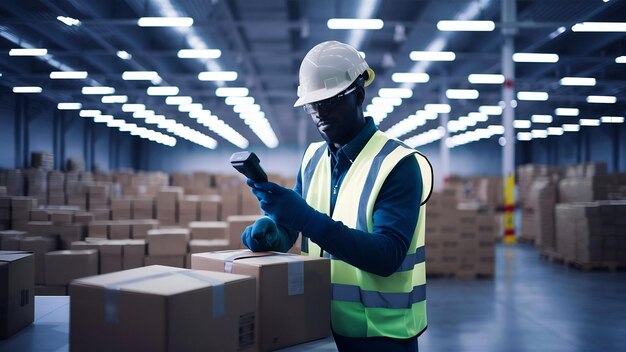 Warehouse worker scanning boxes with bar code reader in warehouse distribution center