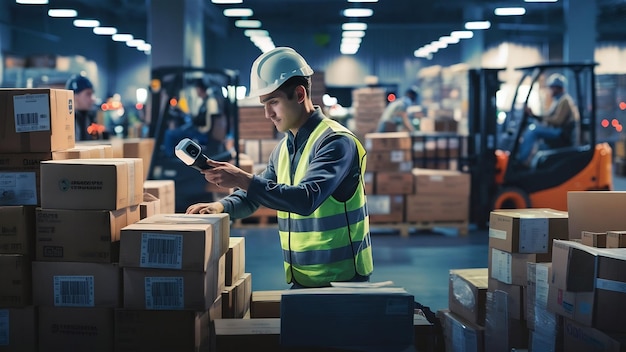 Warehouse worker scanning boxes with bar code reader in warehouse distribution center