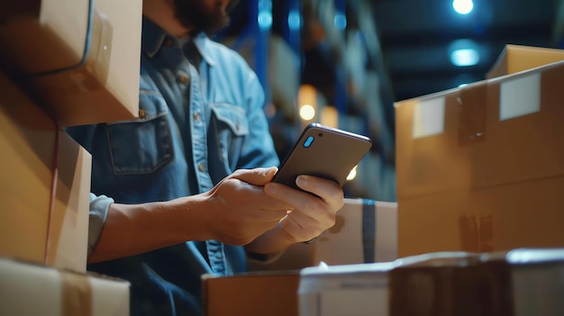 Foto un operaio di un magazzino che indossa una camicia blu usa uno smartphone per scansionare un codice a barre su una scatola