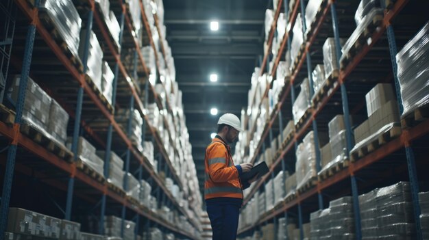 Foto lavoratore di magazzino con tablet digitale che controlla l'inventario