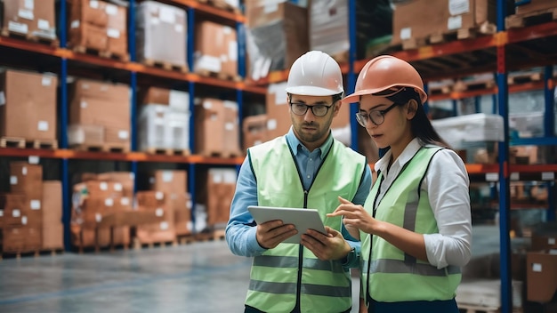 Warehouse workers checking shipment status on tablet computer