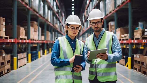 Warehouse workers controlling distribution on tablet in large warehouse storage area