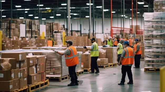 Warehouse workers diligently perform the task of scanning and sorting packages for shipment maintaining order in a dynamic logistics environment Generated by AI