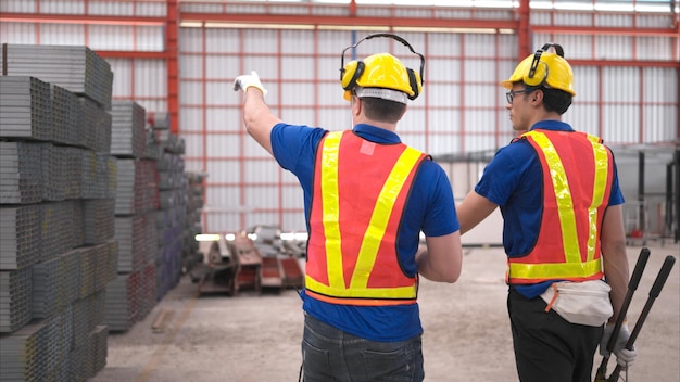 Warehouse workers in hard hats and helmets Inspect and count steel in the warehouse