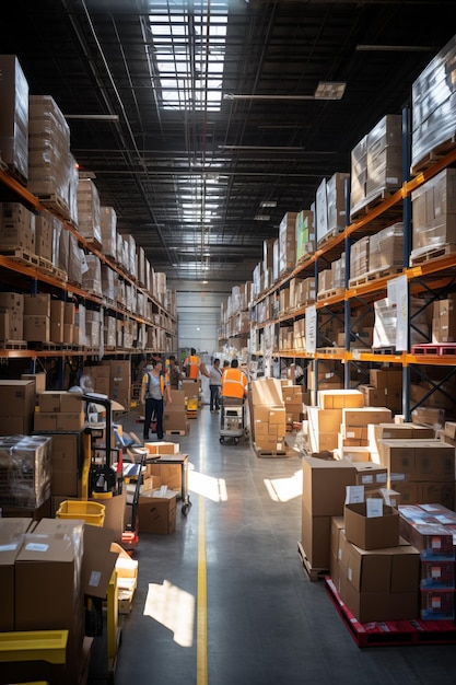 Photo warehouse workers in a large warehouse