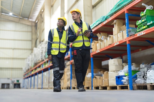 Warehouse workers and managers check stock