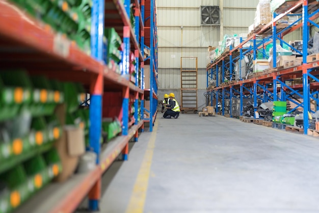 Warehouse workers and managers check stock