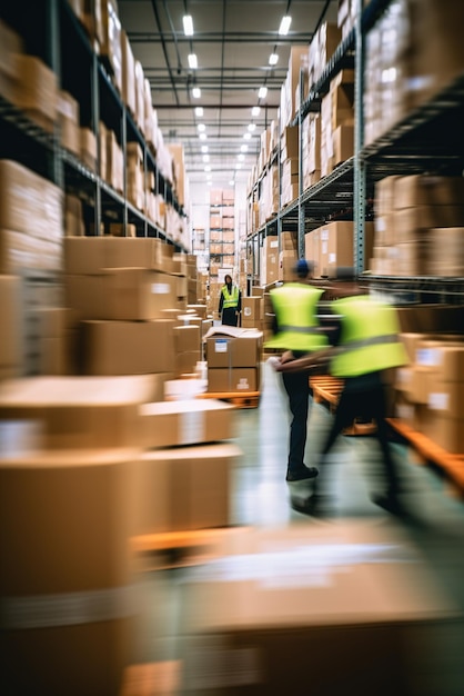 Warehouse workers in motion blur pushing and pulling carts full of cardboard boxes