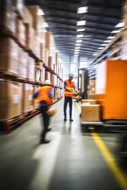 Photo warehouse workers in motion blur