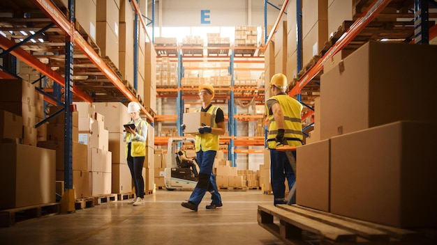 Warehouse workers in a warehouse with boxes on the floor