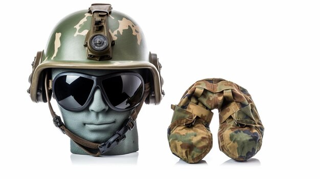 Photo warfare protective gear and soldier camouflage uniform concept with modern green military helmet