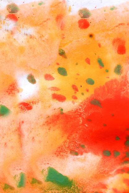 Warm abstract background red, yellow, orange ink spot swith green drops on white paper