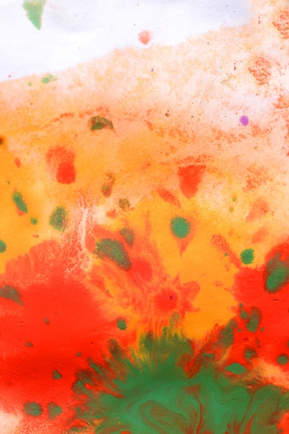 Warm abstract background red, yellow, orange ink spot swith green drops on white paper