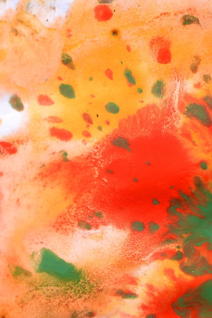 Warm abstract background red, yellow, orange ink spot swith green drops on white paper