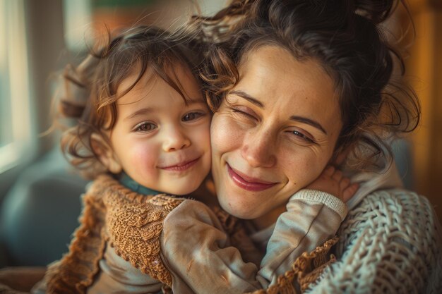 Warm and Affectionate Moment Between Smiling Mother and Happy Toddler with Sunlit Room Background