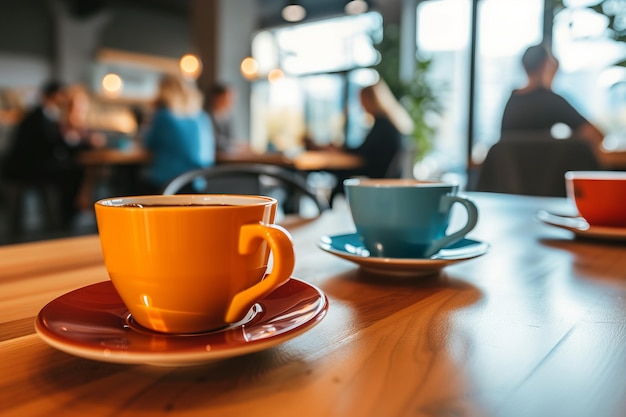 Теплая атмосфера в кафе Оранжевая чашка кофе с случайными деловыми встречами на заднем плане