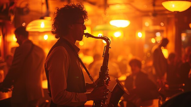 Warm Ambient Light in Jazz Club Saxophonists Silhouette with a Backdrop of Patrons