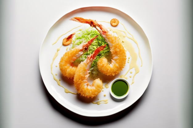 Warm appetizer a white platter of shrimp tempura with wasabi sauce Deep fried crispy prawns are a gourmet meal starter from the seafood section of the menu Shrimps fried in the Japanese way tempu