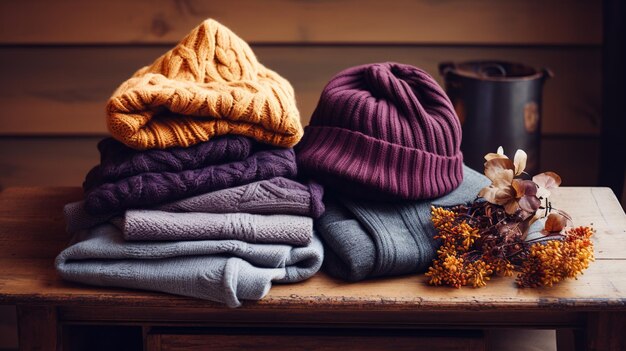 Photo a warm arrangement of woolen sweaters and knit hats paired with dried flowers creates