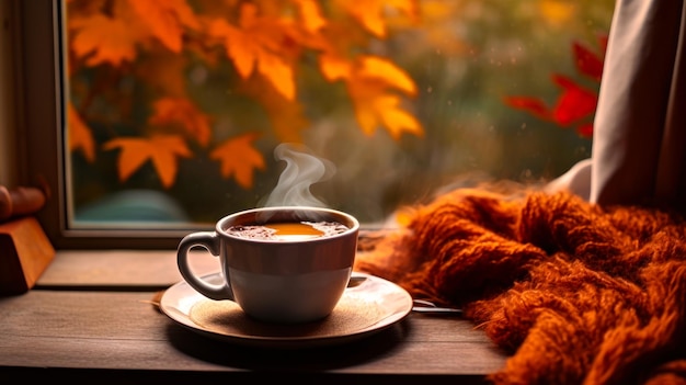 warm autumn day with a cup of coffee generative ai