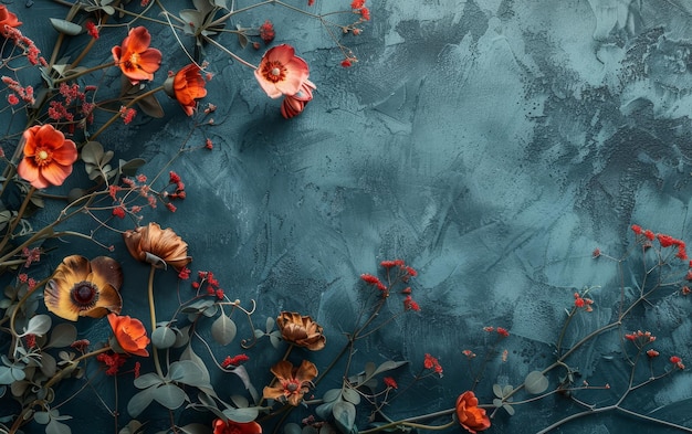 Теплые осенние цветы и листья создают элегантную композицию на текстурированном синем фоне, вызывая уютную сезонную атмосферу