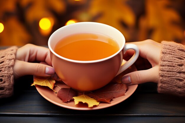 Foto delizia per bevande calde la mano della donna tiene una tazza di tè o caffè