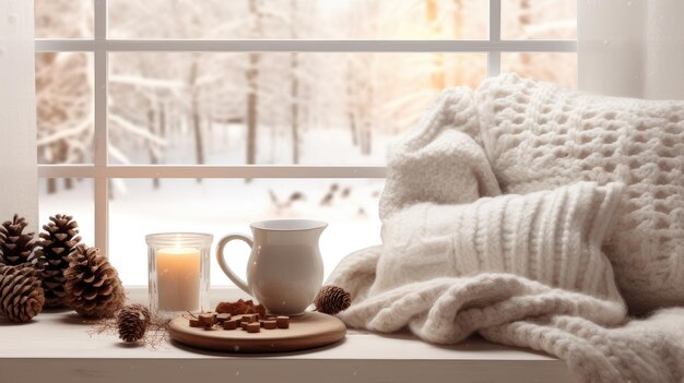 Foto una coperta calda e una tazza di caffè accoglienza stagionale con cannella e coni a quadri morbidi nel contesto di una casa accogliente che abbraccia il concetto di hygge