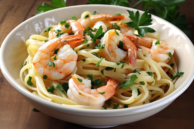 Warm bowl of shrimp scampi with linguine and fresh herbs