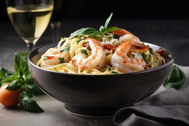 Warm bowl of shrimp scampi with linguine and fresh herbs