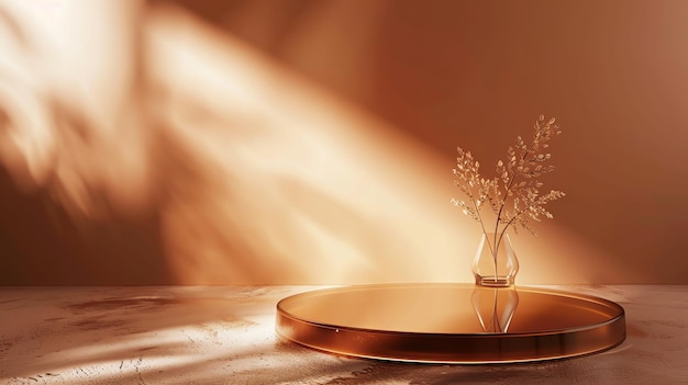 warm brown background with a chic glass product platform ample copy space