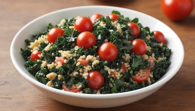 Photo warm bulgur salad with kale and tomatoes