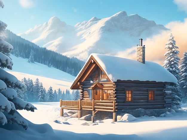 Warm cabin in snowy landscape