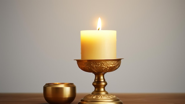 Warm candle on vintage golden holder AI Generative