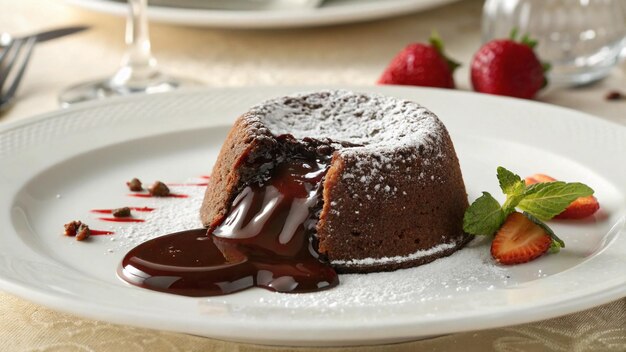 warm chocolate lava cake with melted center and powdered sugar dusting
