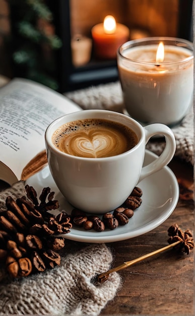 A warm coffee cup on wooden table near candle with cozy winter