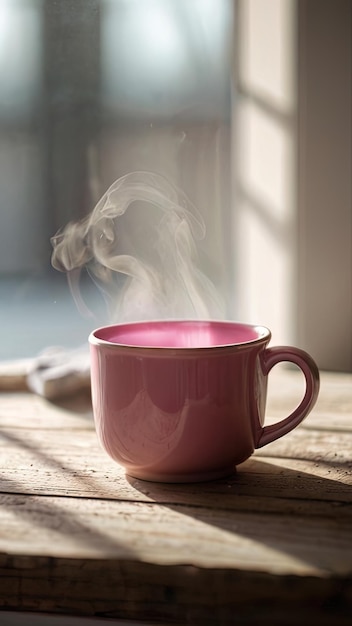 A warm coffee cup on wooden table near window with cozy winter