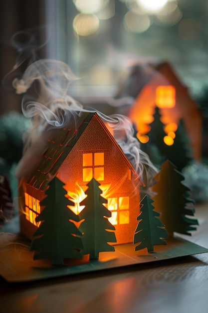 暖かい暖かいクリスマスの囲気 照らされた紙の家と木