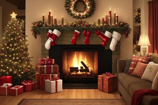 A warm and cozy Christmas fireplace scene with stockings hanging a decorated Christmas tree