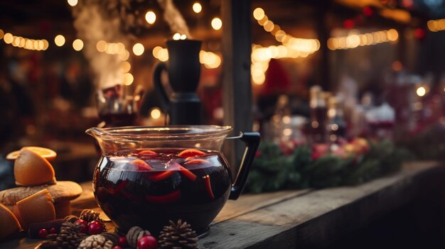 따뜻하고 쾌적한 겨울 술잔, 향신료와 오렌지 조각, 전통적인 음료와 함께 죽은 삶, 즐거운 새해 축제 분위기, 생성 AI