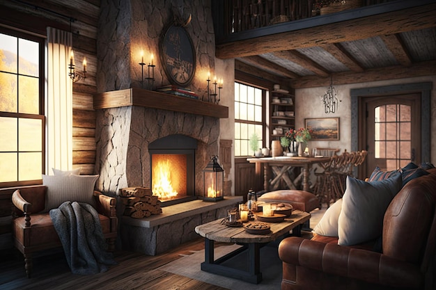 Warm and cozy interior with fireplace wooden d