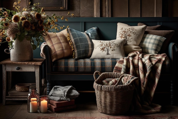 格子縞のブランケット、編みかご、素朴な家具を備えた温かみのある居心地の良いインテリア