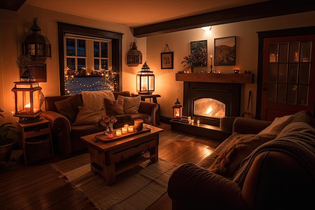 Warm and cozy living room with glowing lanterns and crackling fireplace on a cold winter night