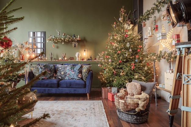 Warm an cozy room decorated for christmas holidays