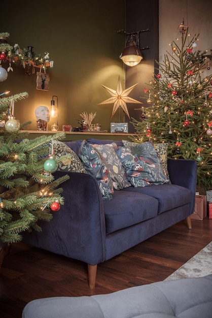 Warm an cozy room decorated for christmas holidays