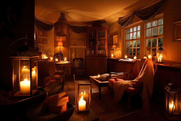 A warm and cozy room illuminated by lanterns and candles with armchairs for reading