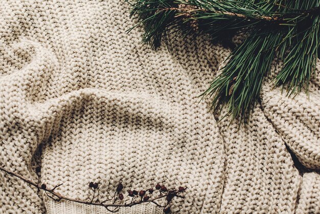 Фото Теплый уютный свитер на деревенском фоне с еловыми зелеными ветвями место для текста рождество стильный простой вязаный свитер для рождественских праздников сезонные поздравления зимнее настроение
