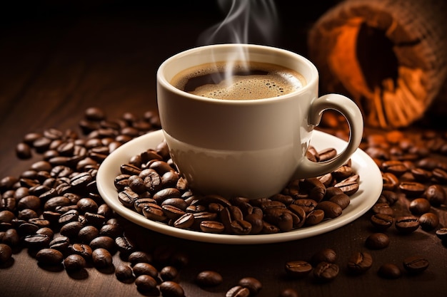 warm cup of coffee on brown background